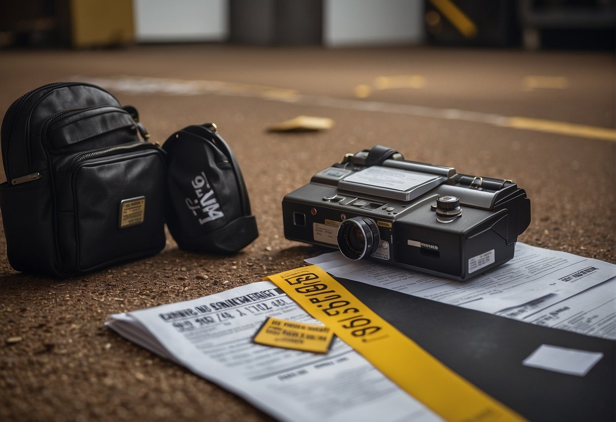 A broken product lies on the ground, surrounded by warning labels and legal documents. A frustrated customer looks on, seeking justice for the defective item