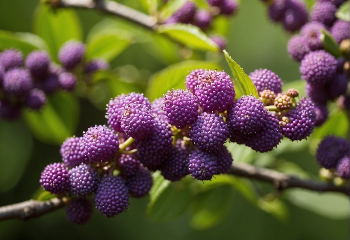 Beautyberry bushes bloom in early spring, with vibrant green leaves unfurling from the branches. The care of the plants involves regular watering and pruning to encourage healthy growth