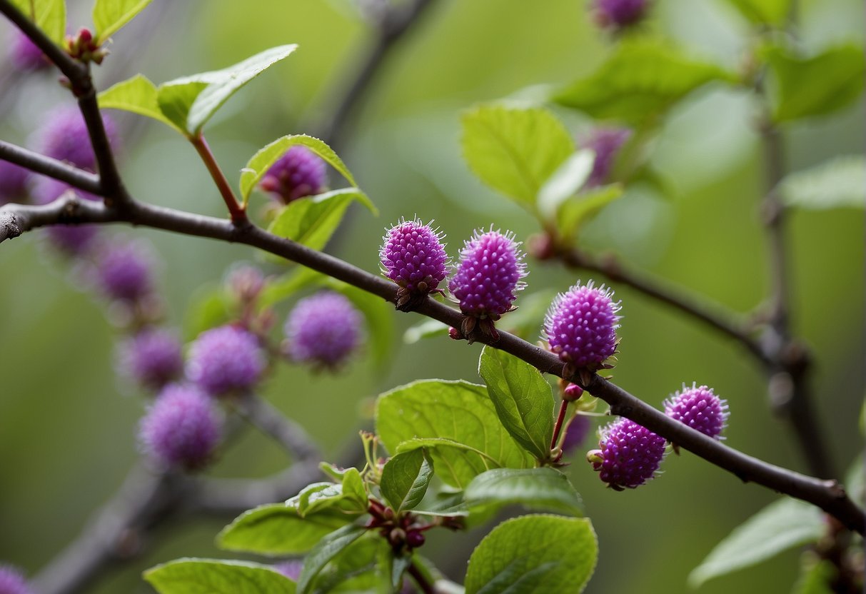In early spring, the beautyberry bush begins to leaf out with vibrant green foliage. Birds and insects are drawn to the emerging leaves, foraging and seeking shelter among the branches