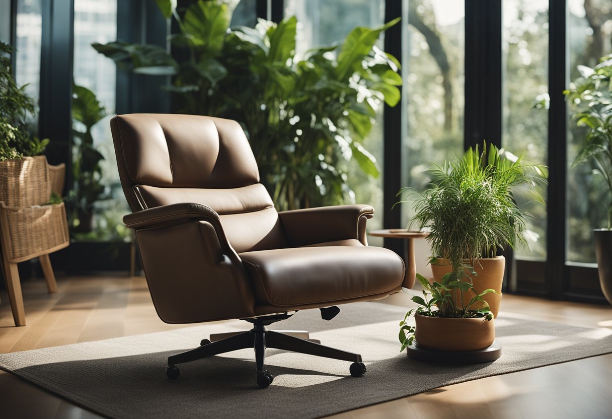 A cozy armchair with built-in lumbar support and adjustable footrest, surrounded by plants and natural light