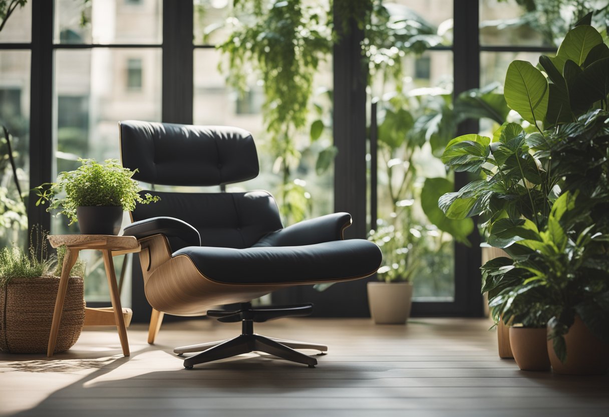 A cozy armchair with ergonomic support, surrounded by plants and natural light, creates a tranquil space for relaxation and well-being