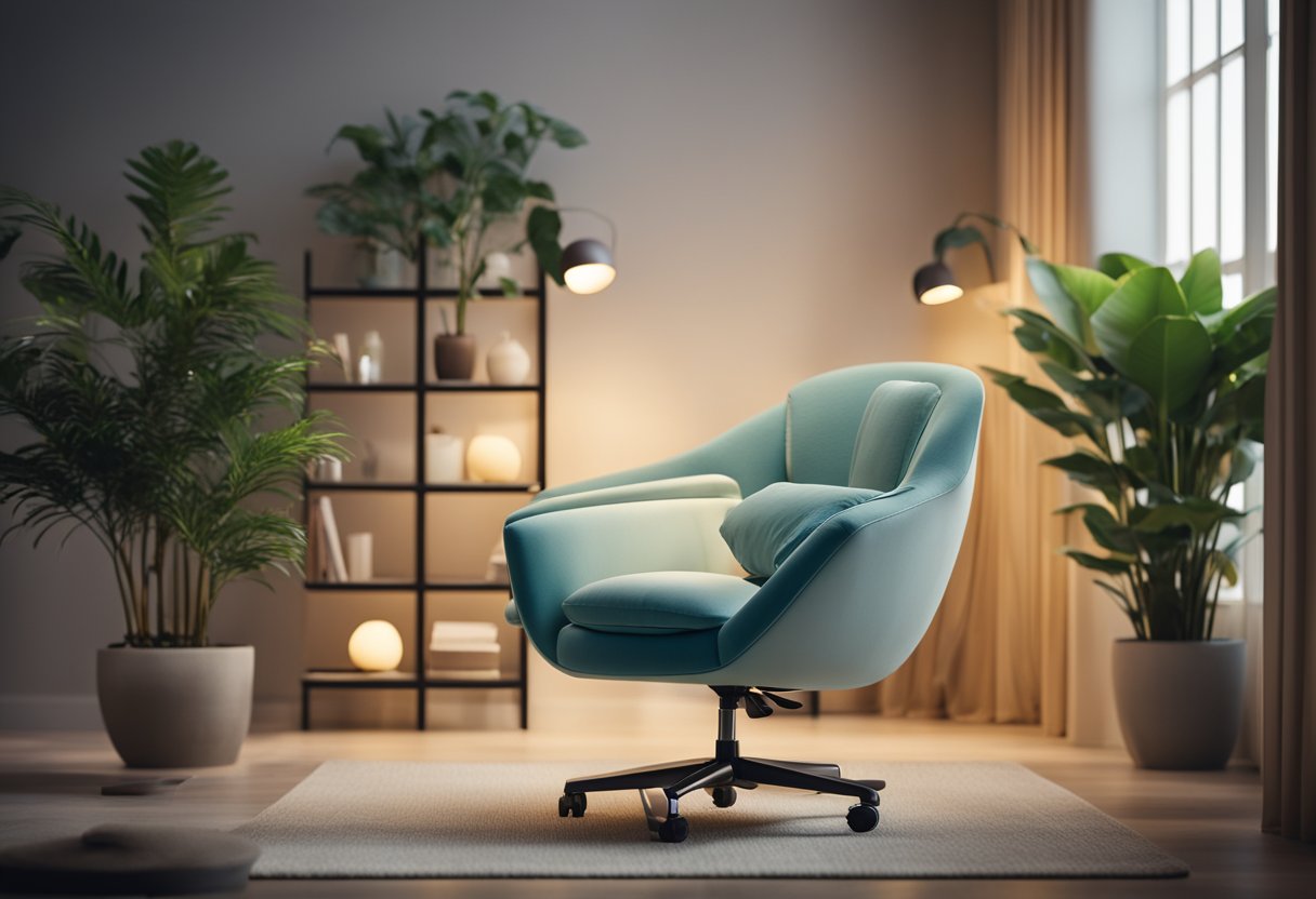 A cozy, ergonomic chair with adjustable features and supportive cushions for senior comfort and health. Surrounding decor includes soft lighting, plants, and calming colors