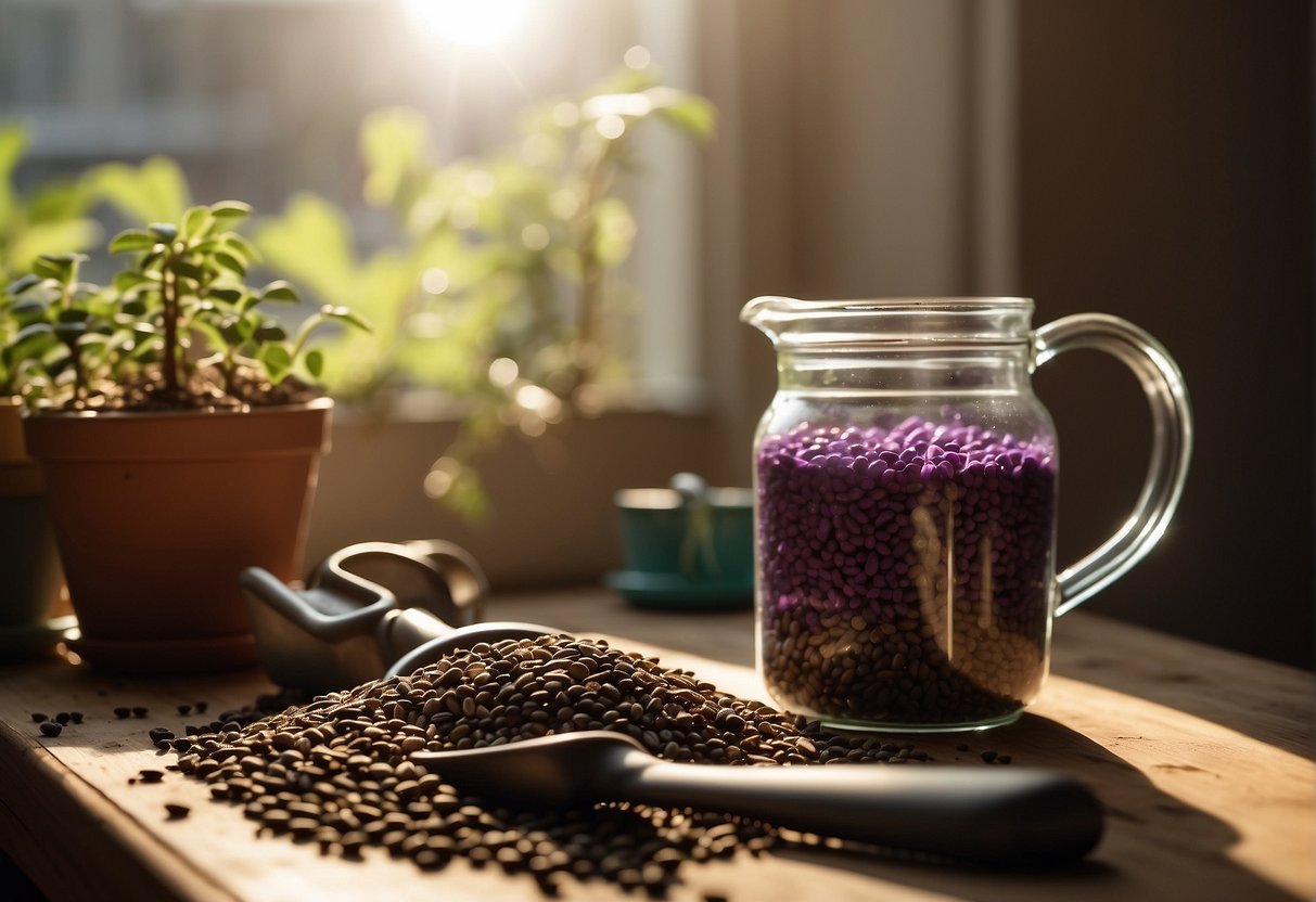 Beautyberry seeds scattered on soil, surrounded by gardening tools and a watering can. Sunlight streaming in through a window