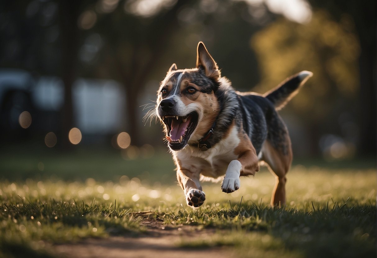 A snarling dog lunges forward, teeth bared, as a victim recoils in fear