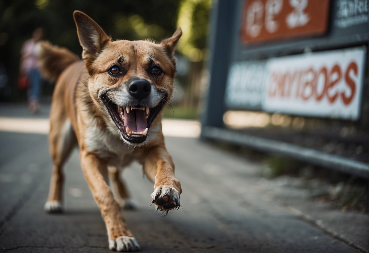 A snarling dog lunges towards a victim, teeth bared. In the background, a sign warns of legal consequences for dog bites