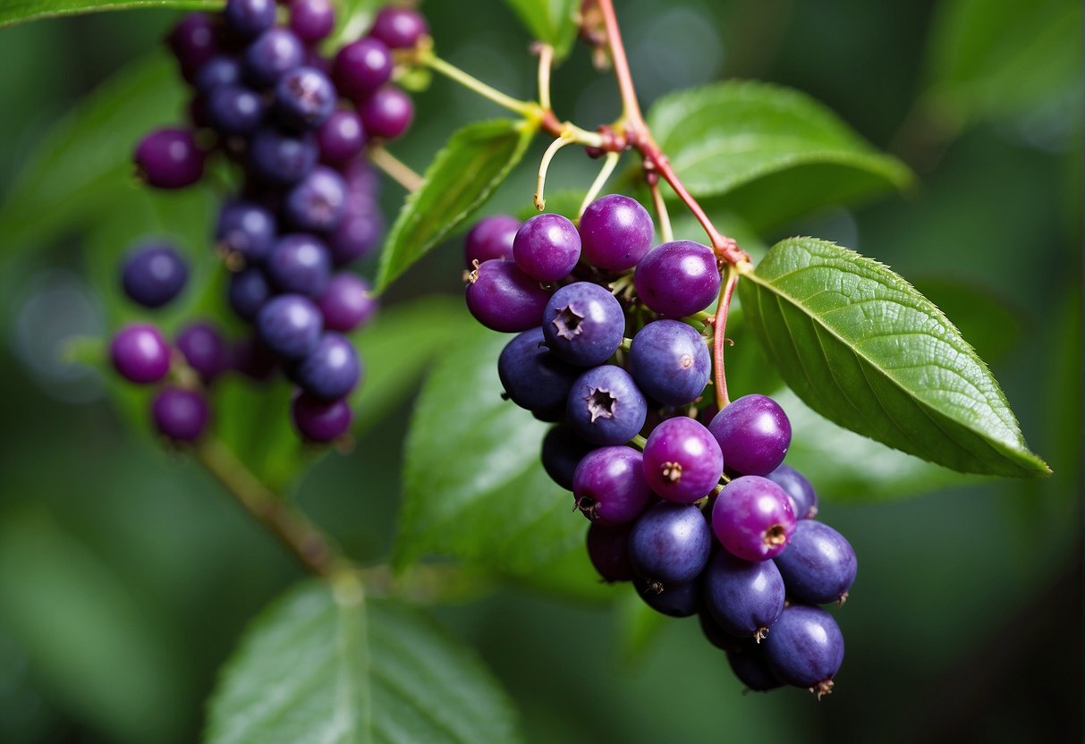A cluster of vibrant purple beautyberries hangs from a leafy branch, surrounded by lush green foliage