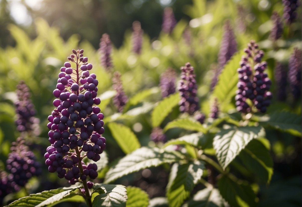 A lush garden with vibrant purple beautyberry bushes in full bloom, surrounded by carefully tended soil and dappled sunlight