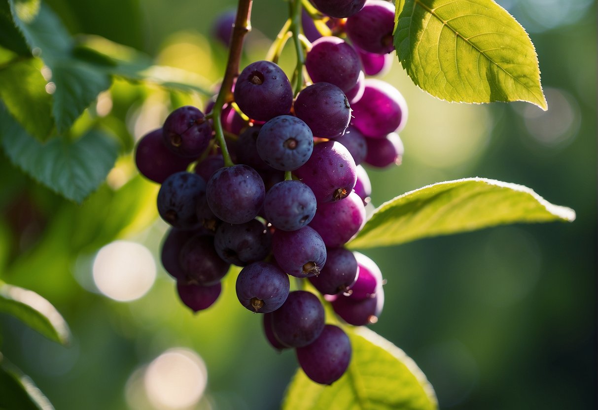 A cluster of vibrant purple beautyberries hangs from a branch, surrounded by lush green leaves and dappled sunlight