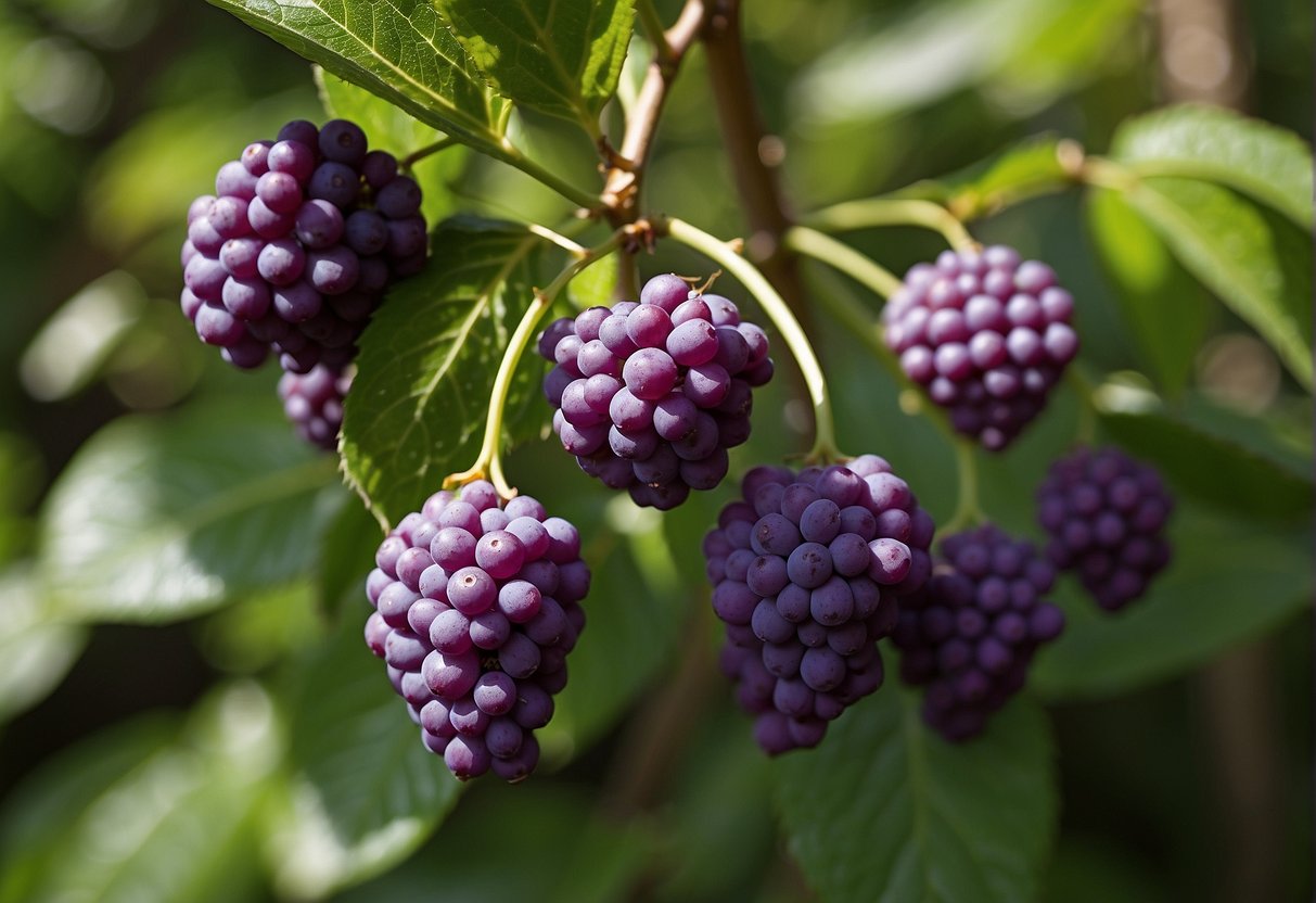 A garden with dappled sunlight, rich soil, and a backdrop of tall trees. A beautyberry bush is nestled among other native plants, its vibrant purple berries standing out against the green foliage
