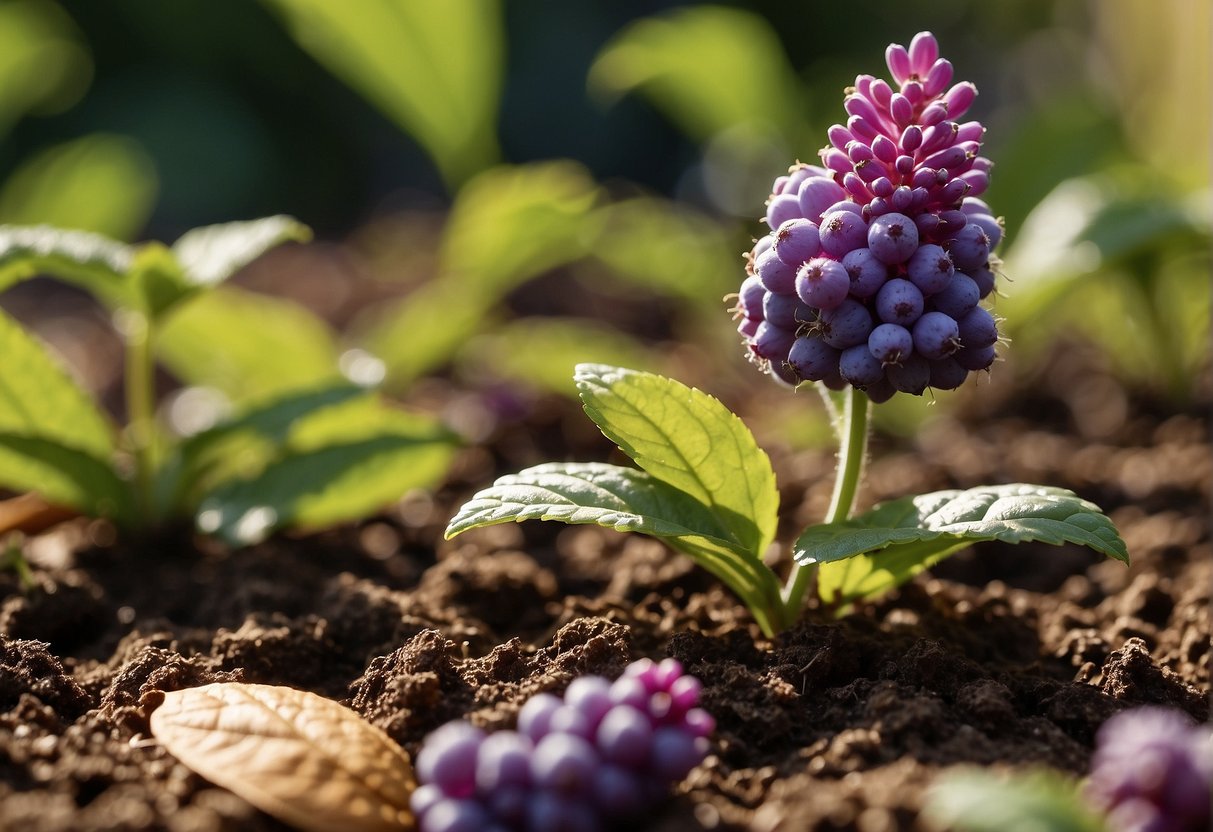 A garden bed with dappled sunlight, rich soil, and space for a cluster of beautyberry shrubs