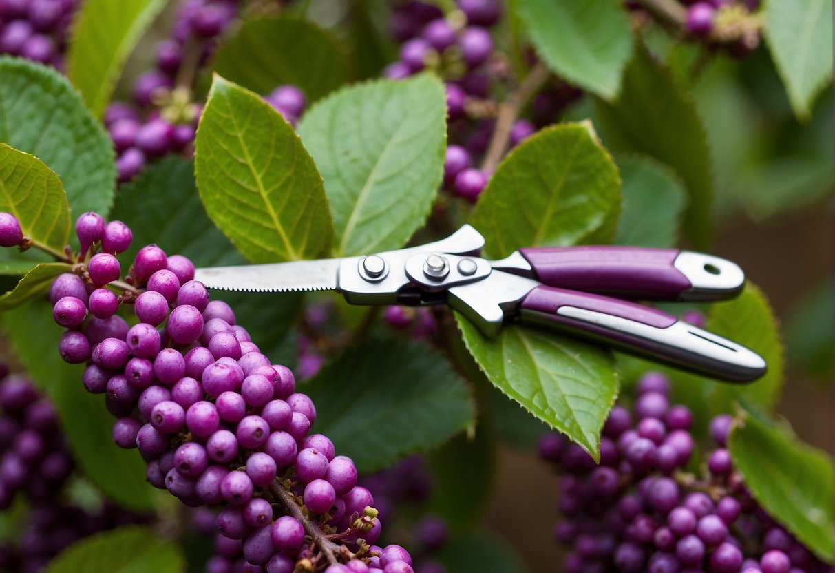 A pair of pruning shears cutting back a vibrant beautyberry bush in a garden setting