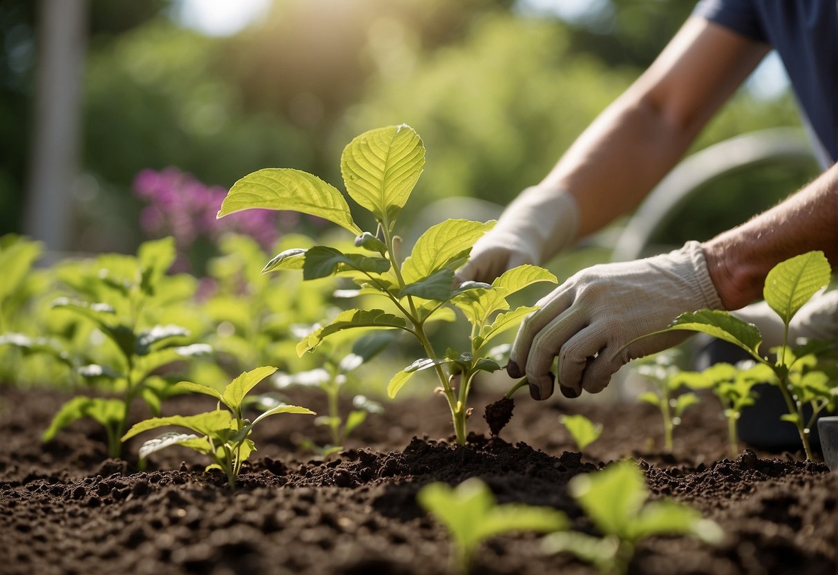 A gardener plants American beautyberry in rich, well-drained soil under full sun, ensuring adequate spacing for growth