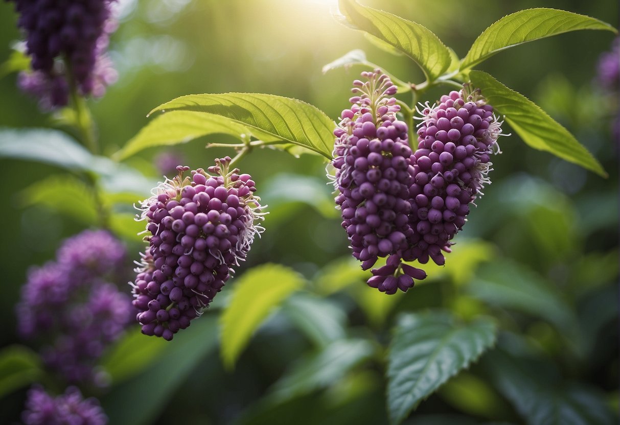 Lush green leaves unfurl as delicate purple beautyberry blossoms emerge, reaching towards the sun