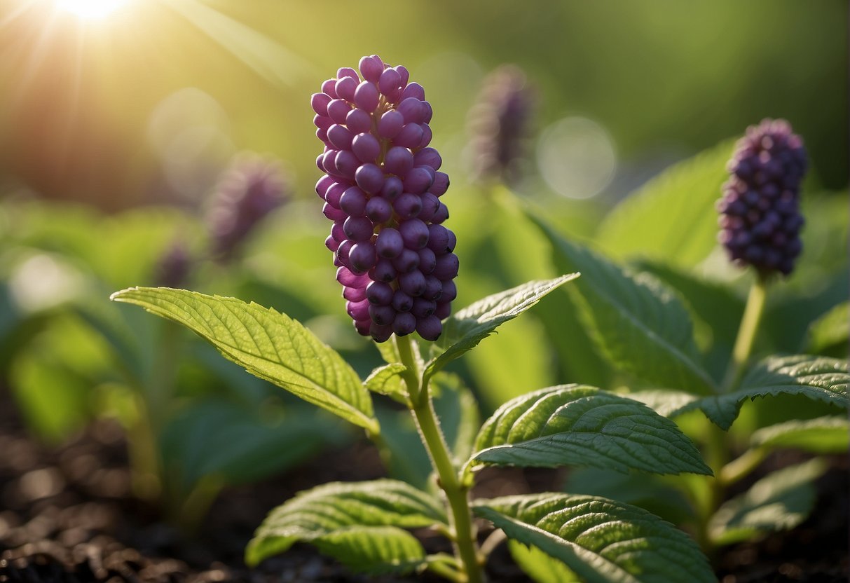 A young beautyberry plant shoots up from the ground, its vibrant green leaves unfurling and growing rapidly under the warm sunlight