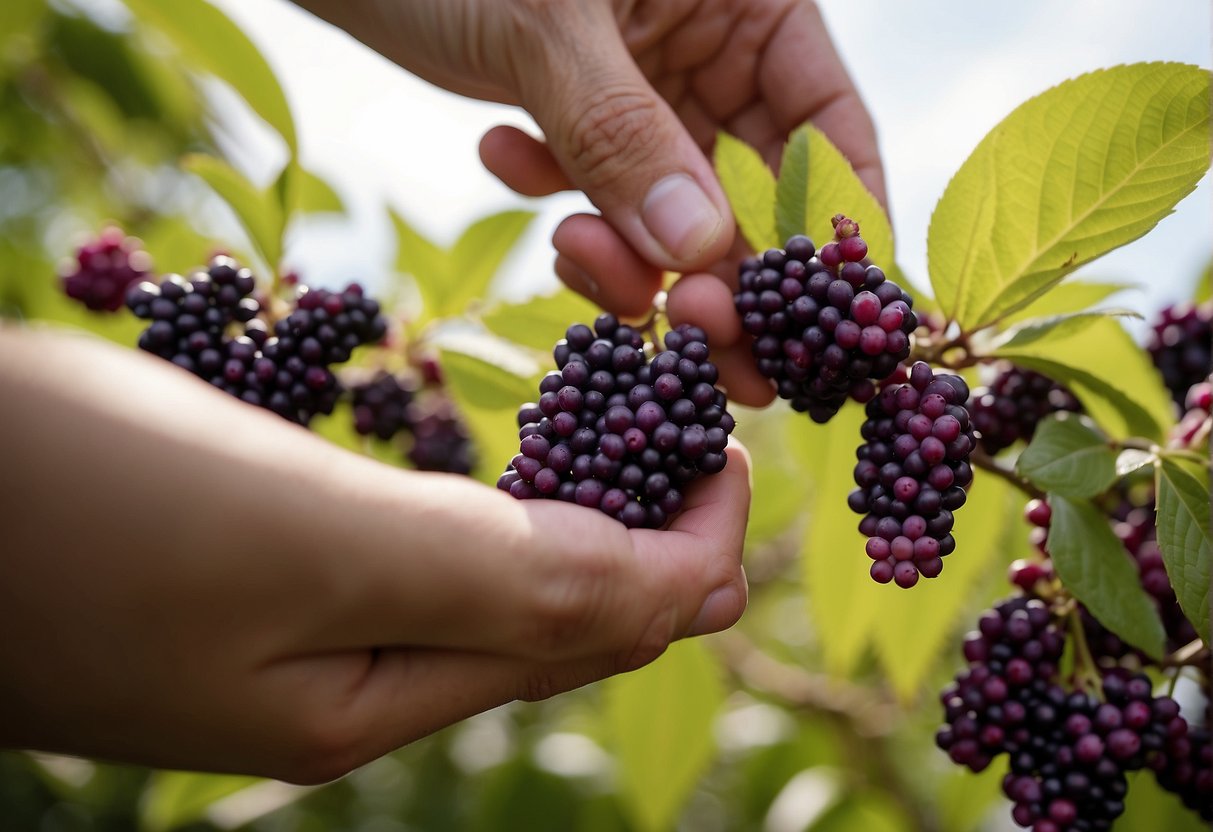 A hand reaching out to pluck ripe beautyberry seeds from a cluster of vibrant purple berries on a bush