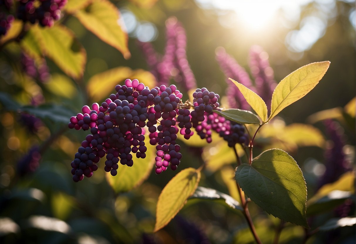 Sunlight filters through the autumn leaves as a gardener trims back the vibrant purple beautyberry bushes, shaping them for the coming winter