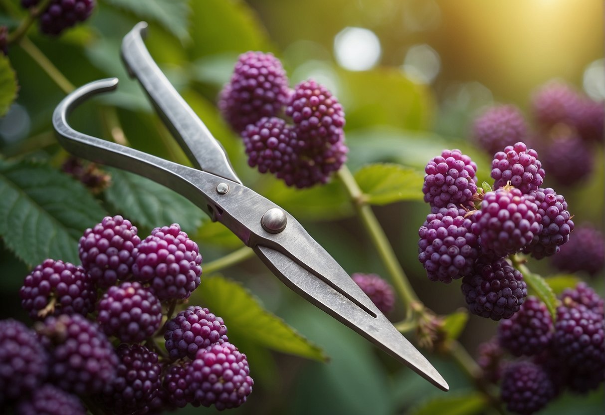 A pair of gardening shears trims back a vibrant beautyberry bush in a well-tended garden