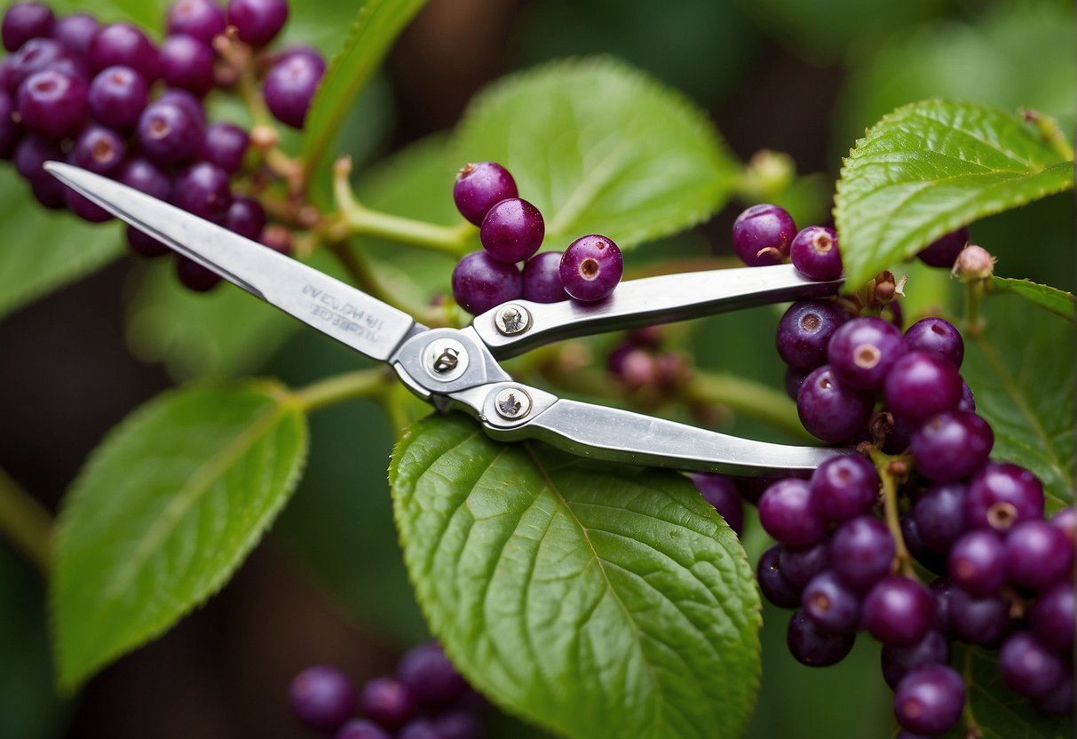 A pair of gardening shears cutting back a vibrant beautyberry bush in a well-maintained garden