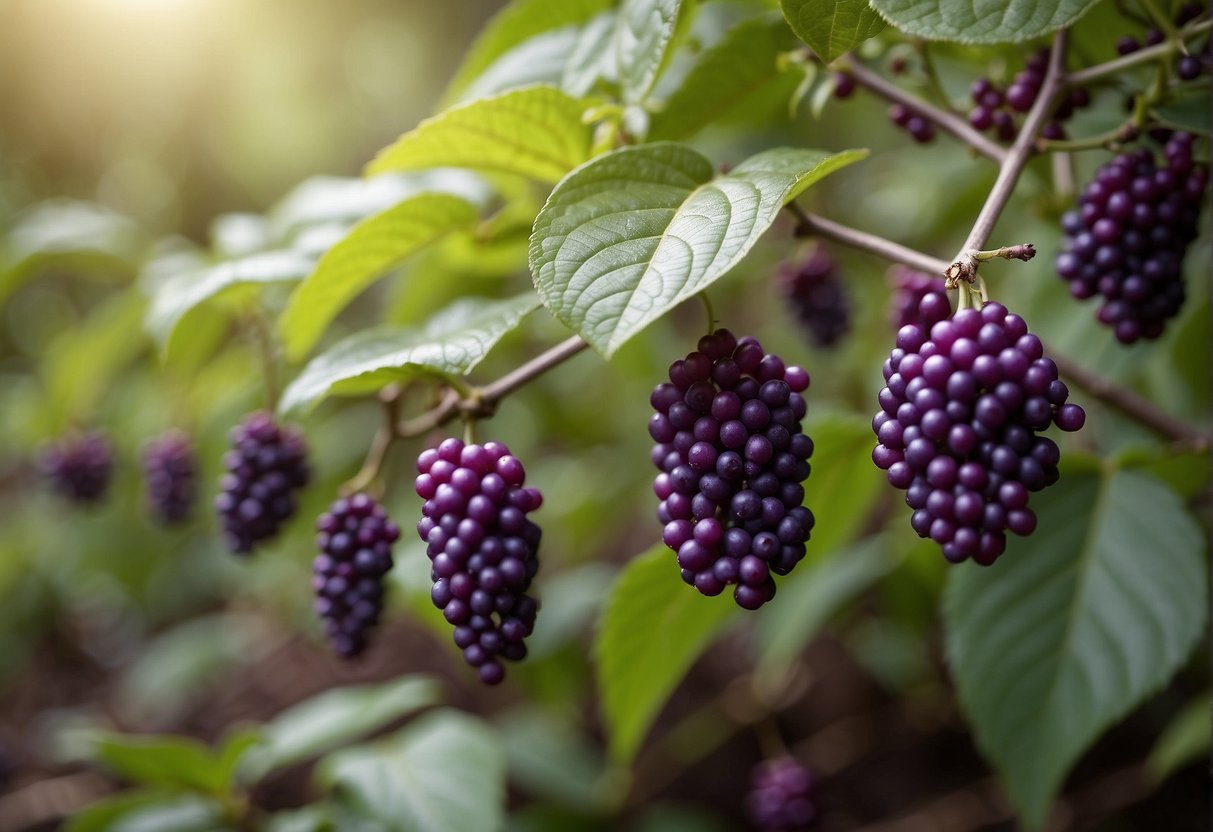 Lush beautyberry bush with vibrant purple berries, surrounded by fertile soil and dappled sunlight, showcasing its healthy growth and propagation