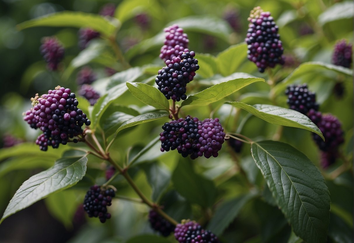 A beautyberry bush in a garden with vibrant purple berries and lush green leaves, surrounded by curious onlookers with questions