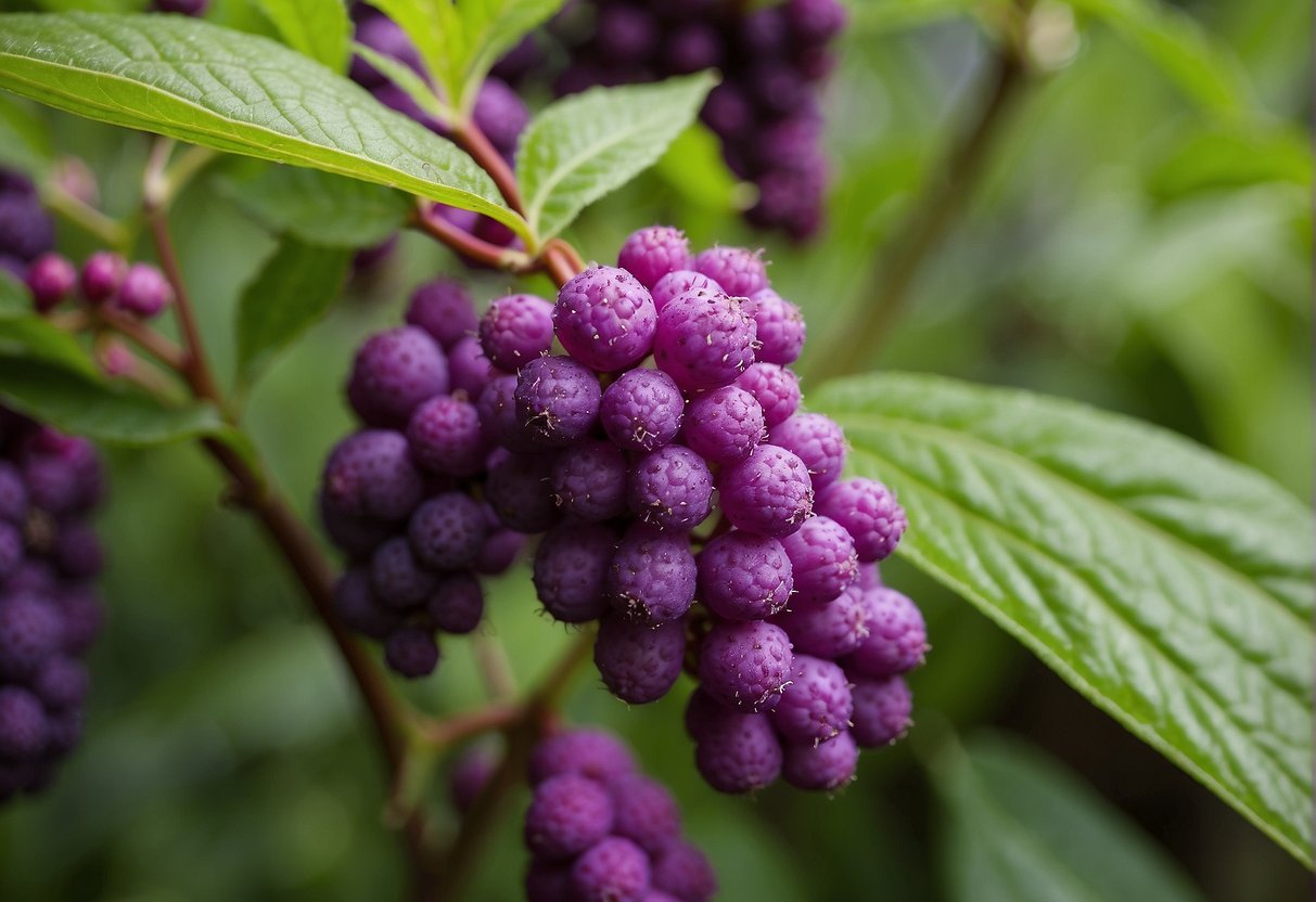 A lush garden with various beautyberry varieties in full bloom, surrounded by well-maintained foliage and labeled care instructions