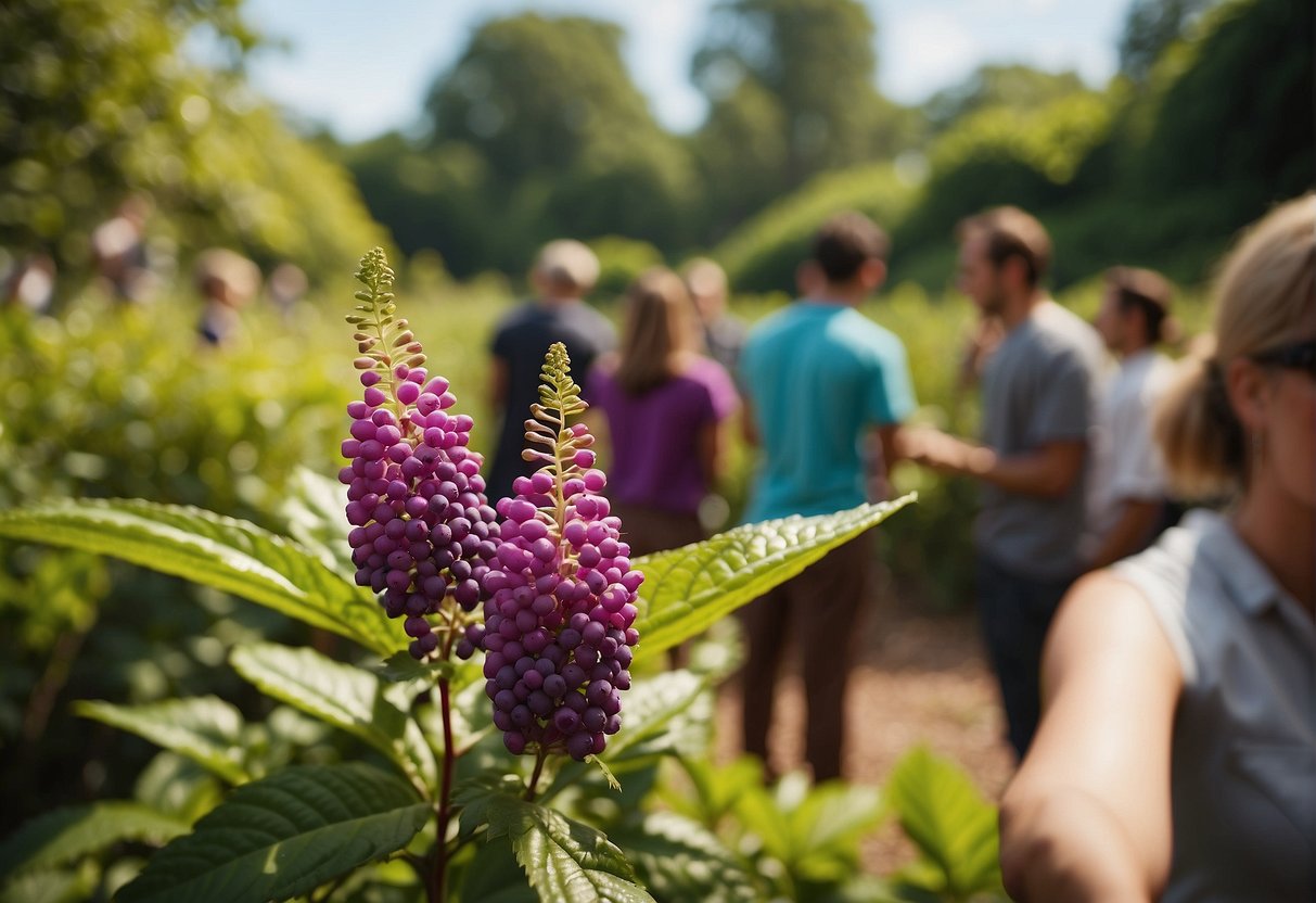 A lush garden with vibrant beautyberry bushes, surrounded by curious onlookers with questions in hand