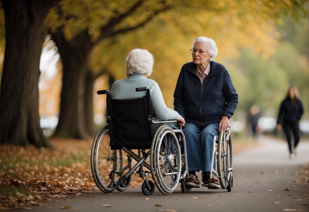 An elderly person in a wheelchair, looking distressed as a caregiver stands over them with a stern expression