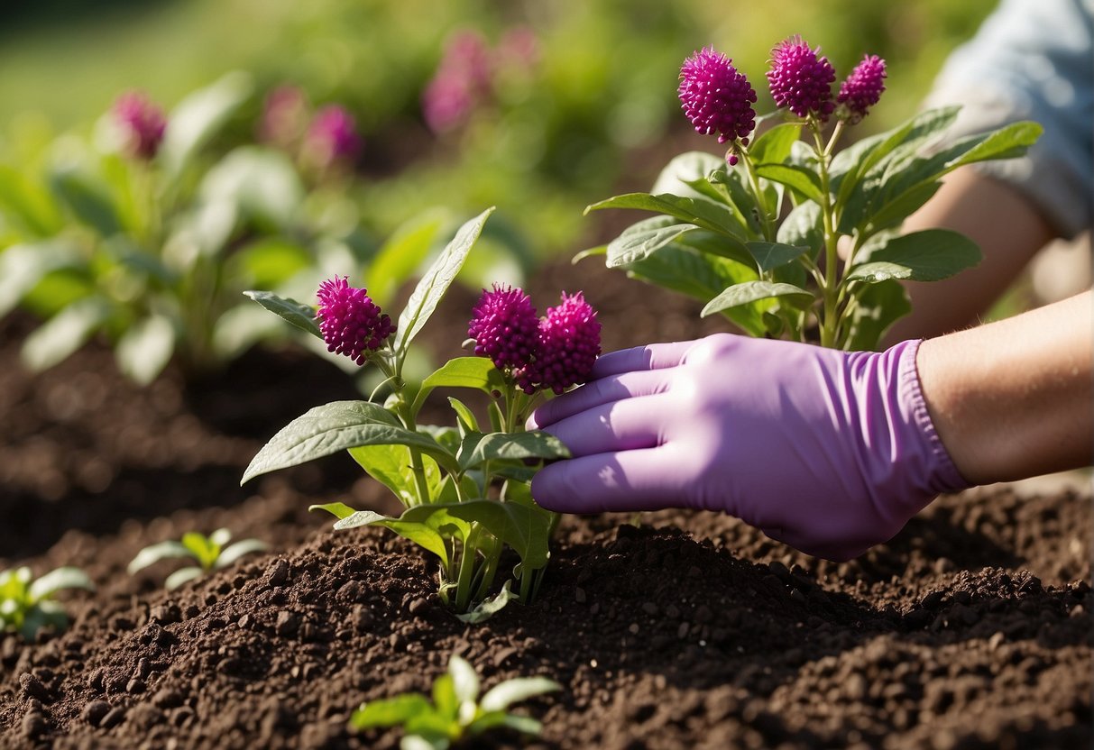 A pair of gardening gloves holds a cluster of beautyberry cuttings, carefully planting them into rich soil in a sunny garden bed