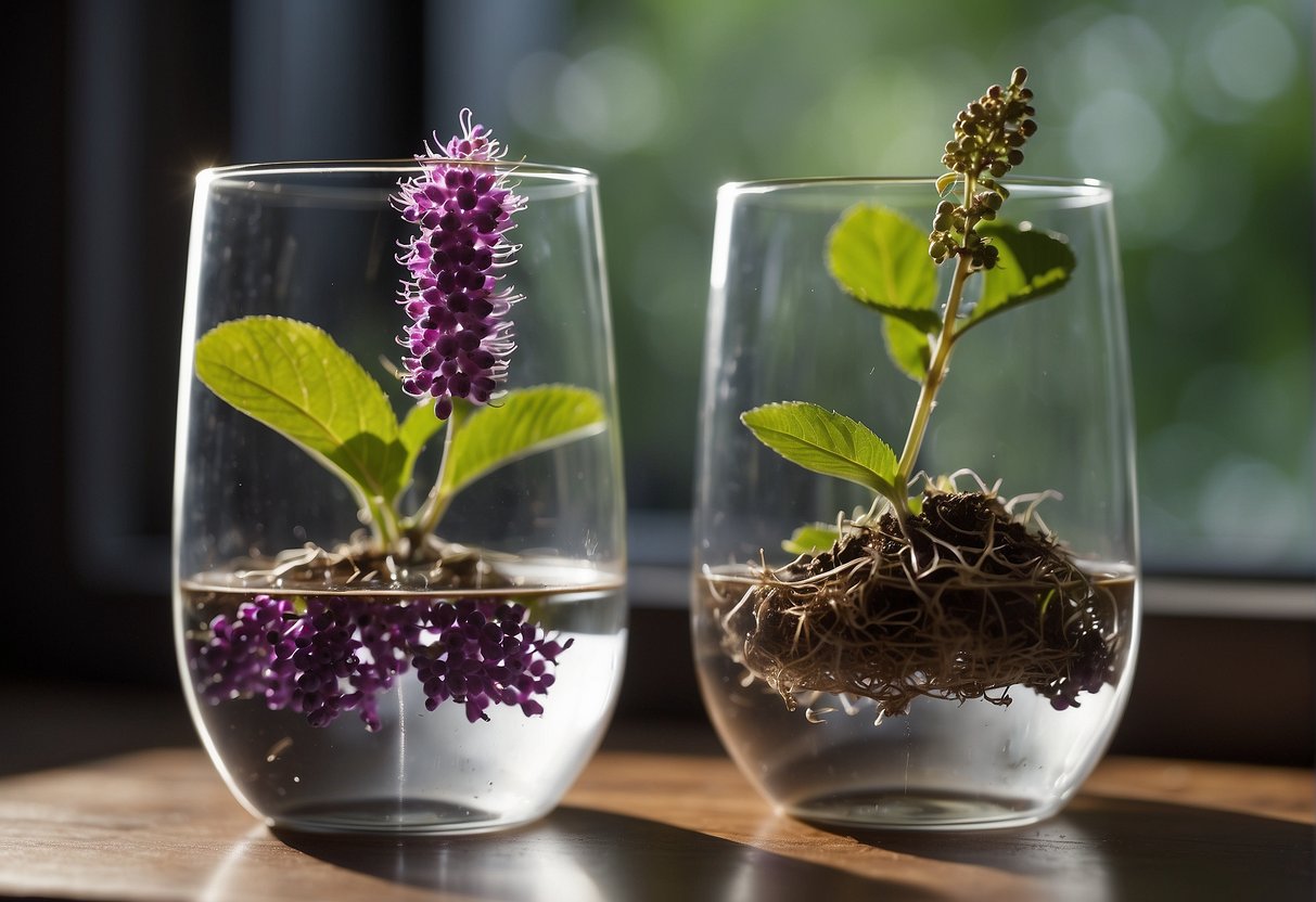 A pair of beautyberry cuttings placed in a glass of water, with new roots beginning to emerge from the nodes