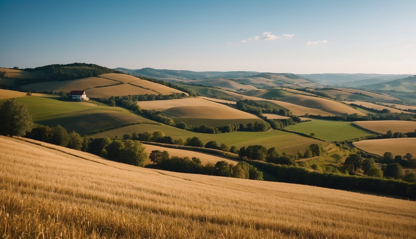 A rural landscape with rolling hills and a clear blue sky, showcasing a variety of properties and land parcels ripe for flipping