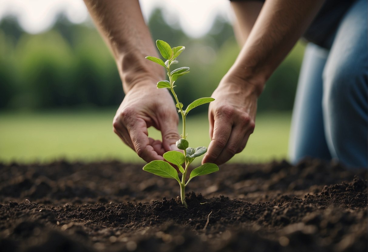 A hand tucks a stem into the soil. Another waters the plant gently. A close-up shows new roots forming