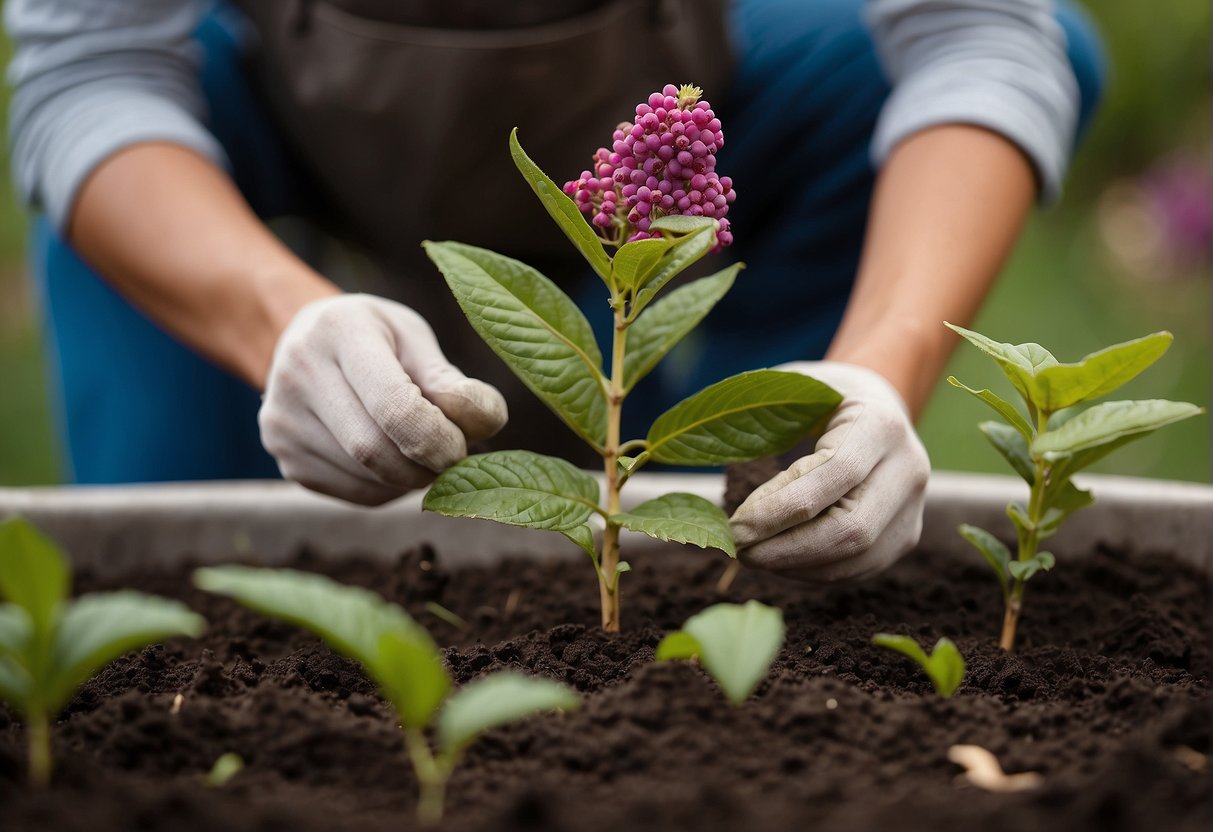 A gardener carefully planting American beautyberry cuttings in rich soil, surrounded by gardening tools and a helpful FAQ guide
