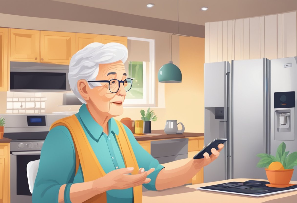 An elderly person using a voice-activated device to control household appliances and communicate with family members