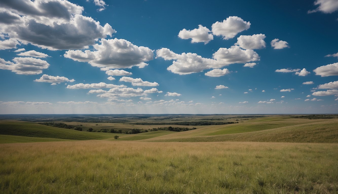Vast Texas landscape with rolling hills and open fields, perfect for land flipping. Clear blue skies and a sense of opportunity