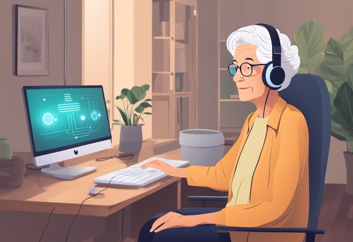 An elderly person using a voice-activated device to control their smart home, while an AI system monitors and protects their personal information