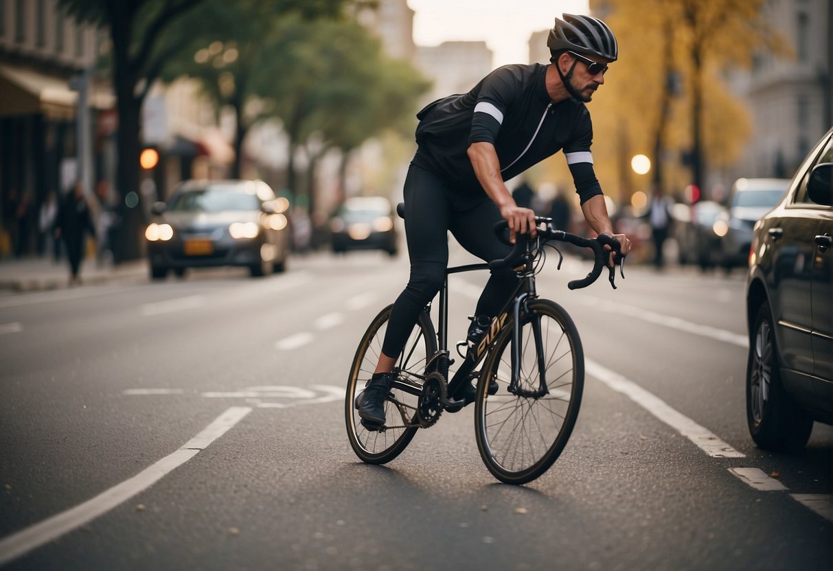 A cyclist collides with a pedestrian on a city street. Legal documents and a lawyer's office in the background