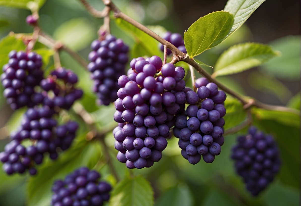 A garden center displays American beautyberry shrubs with vibrant purple berries, surrounded by pots and gardening tools