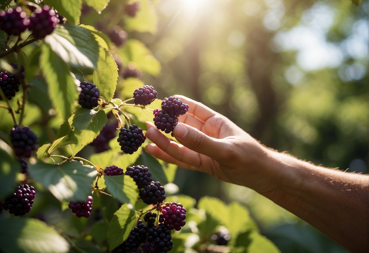 A hand reaches out to pluck a vibrant cluster of American beautyberries from a bush in a sun-dappled garden