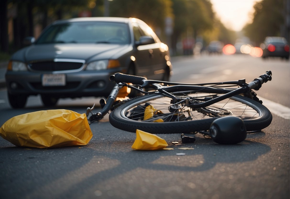 A bicycle and pedestrian accident scene with a crashed bike, injured pedestrian, and a negligent driver. Legal documents and a lawyer offering assistance