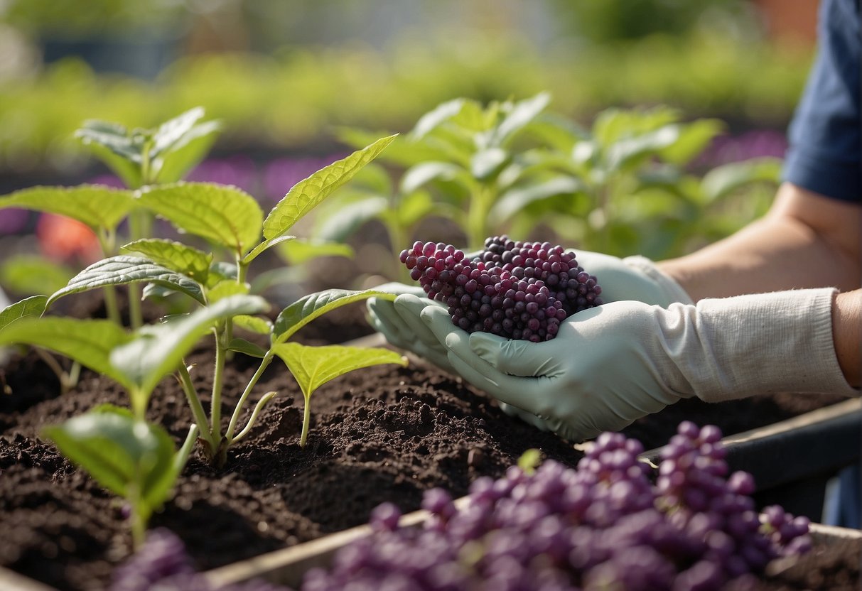 A person is buying American beautyberry plants at a nursery and then planting them in their garden. The plants are being carefully placed in the soil with a trowel