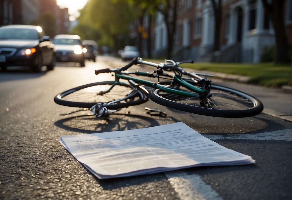 A bicycle and pedestrian accident scene with legal documents, a damaged bike, and injured party seeking compensation