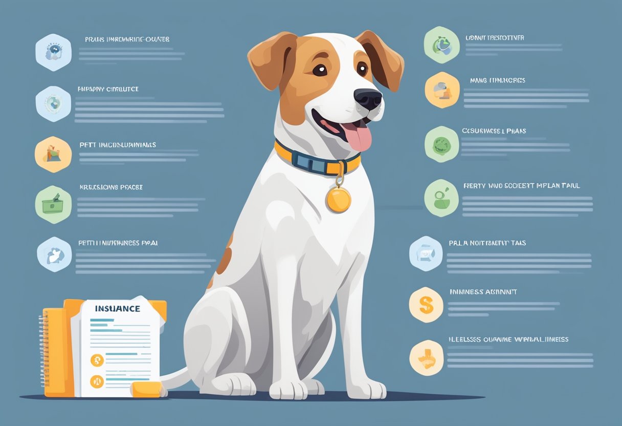 A happy dog with a wagging tail sits next to a pet insurance policy, with a variety of coverage options listed, including accident, illness, and wellness plans