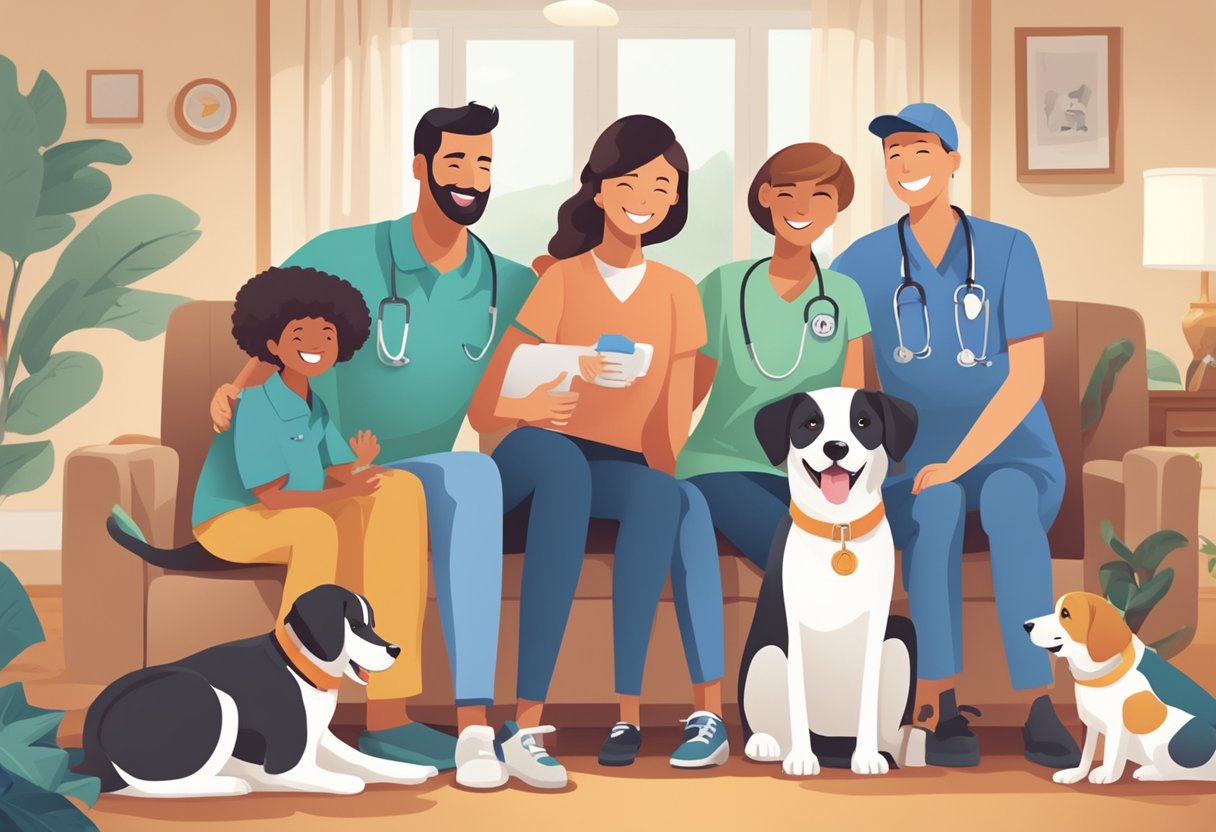 A happy dog with a wagging tail, surrounded by a loving family, and a vet providing care, all with the Furkin Pet Insurance logo in the background