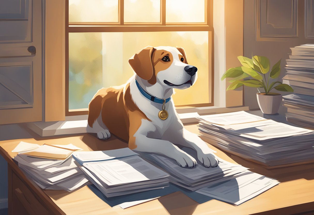A happy dog sits beside a stack of paperwork labeled "Policy Plans" for Furkin pet insurance. The sun shines through a window, casting a warm glow on the scene