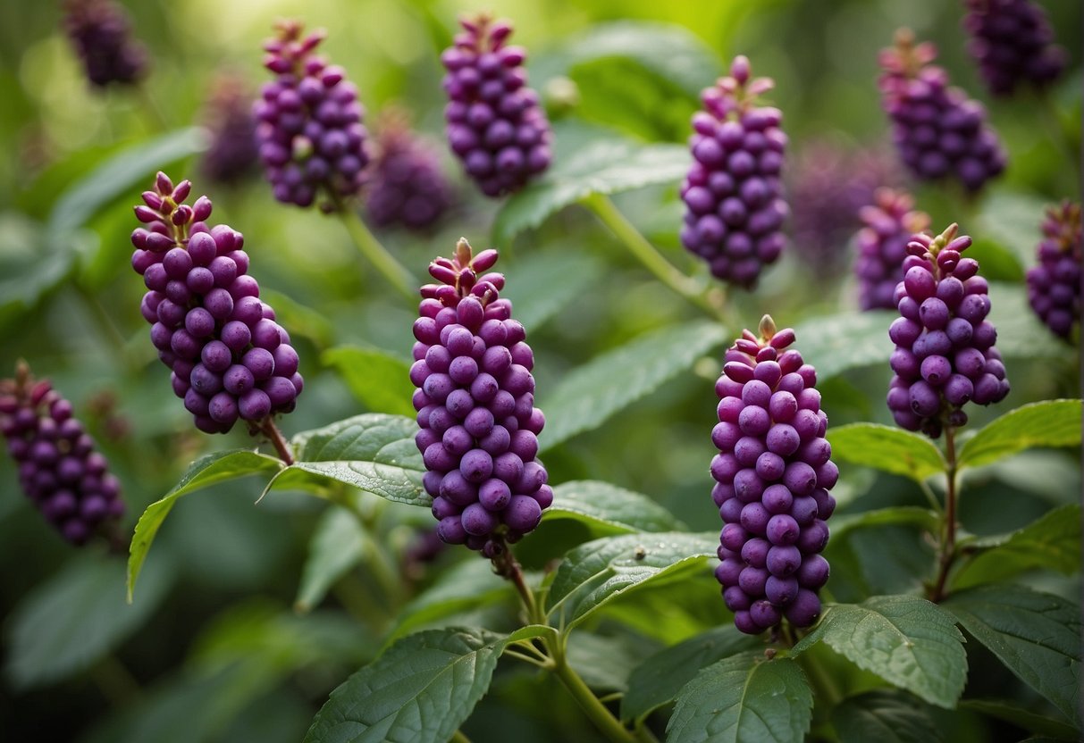 Lush green foliage surrounds vibrant purple beautyberries, attracting pollinators and providing food for wildlife