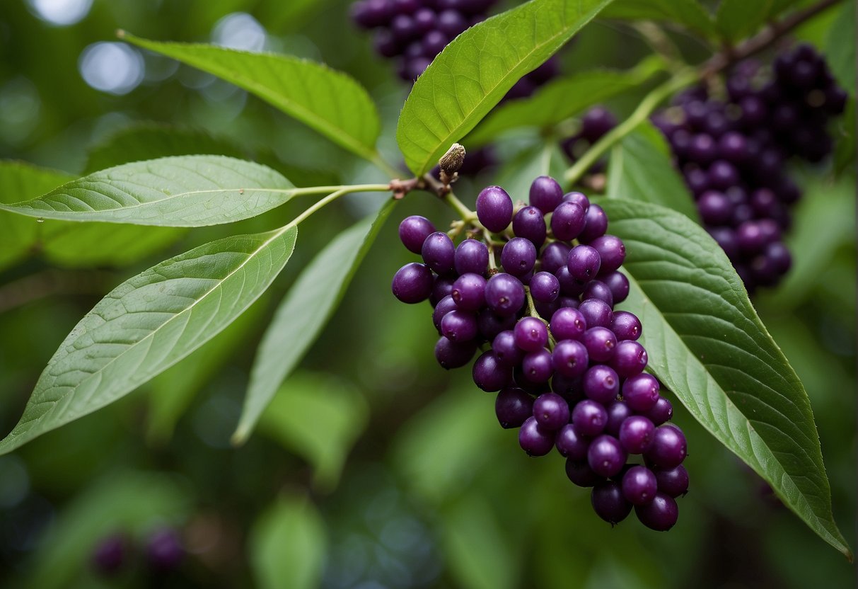 A cluster of vibrant beautyberry branches, with bright purple berries, set against a backdrop of lush green foliage