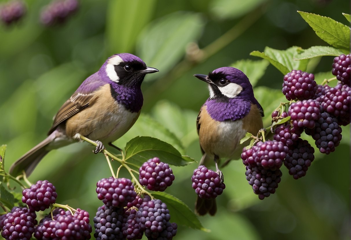 Birds eat American beautyberries in a lush, vibrant ecosystem. The bright purple berries stand out against green foliage, attracting various bird species