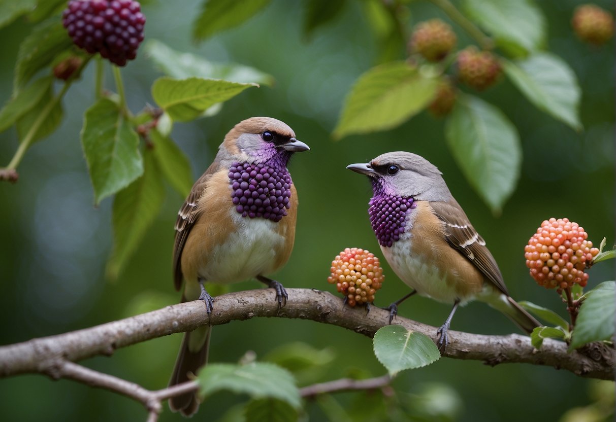 Birds eating American beautyberries, perched on branches, surrounded by lush foliage
