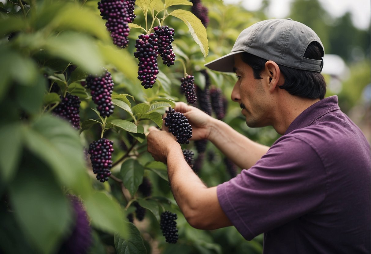 A person carefully choosing a beautyberry bush from a variety of options at a plant nursery
