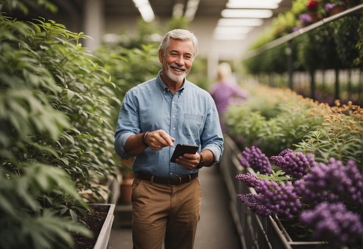 A customer standing in a nursery, pointing to a beautyberry bush while asking an employee where to buy it